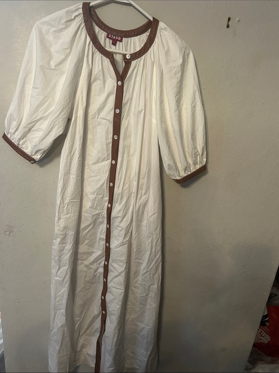 STAUD Dresses & Skirts - STAUD White Maxi Button-Front Dress with Brown Trim